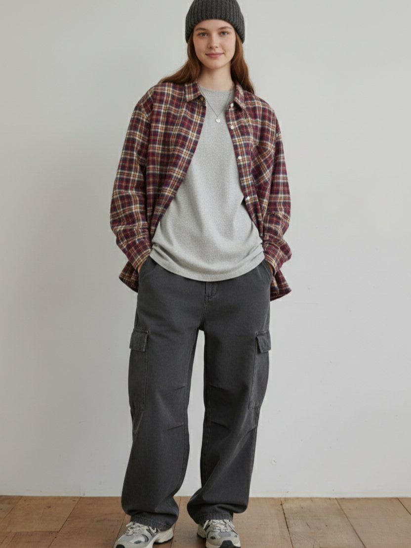 Oversized Plaid Cotton Shirt, Unisex Checkered Button-Up, Loose Fit Layering Top