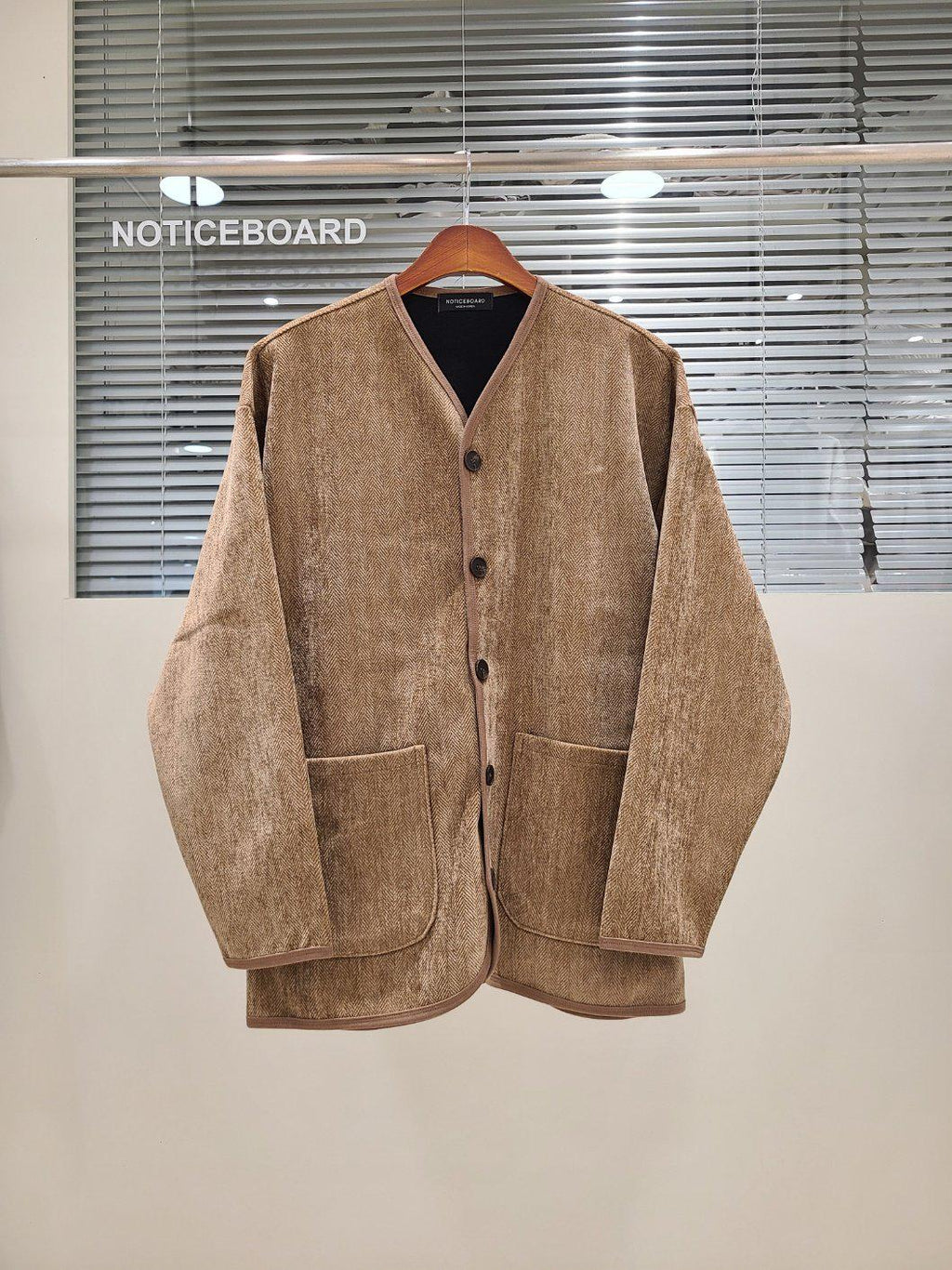 Herringbone Inner Jacket, Collarless Button Layering Outerwear, Boho Style Beige Polyester