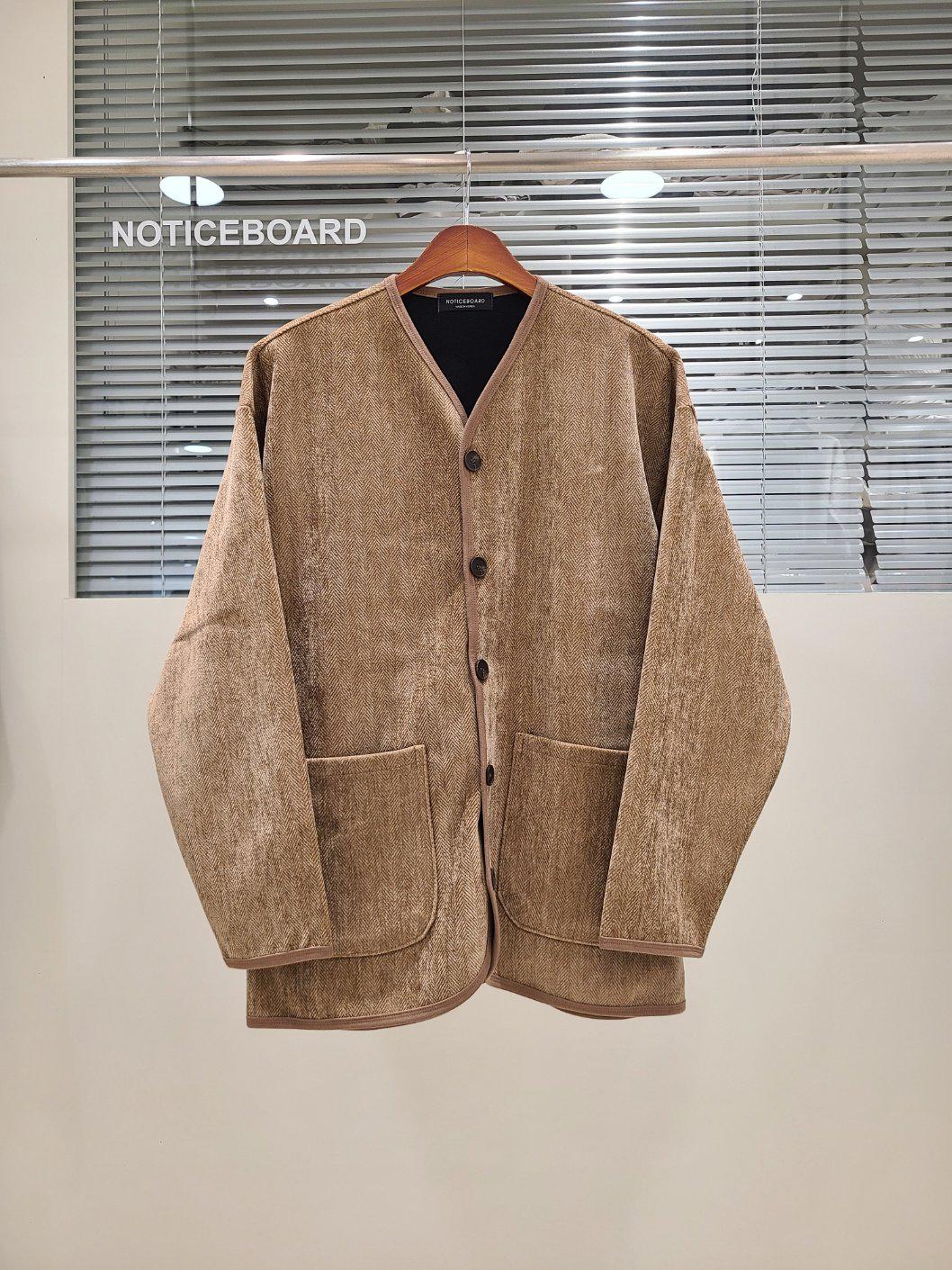 Herringbone Inner Jacket, Collarless Button Layering Outerwear, Boho Style Beige Polyester