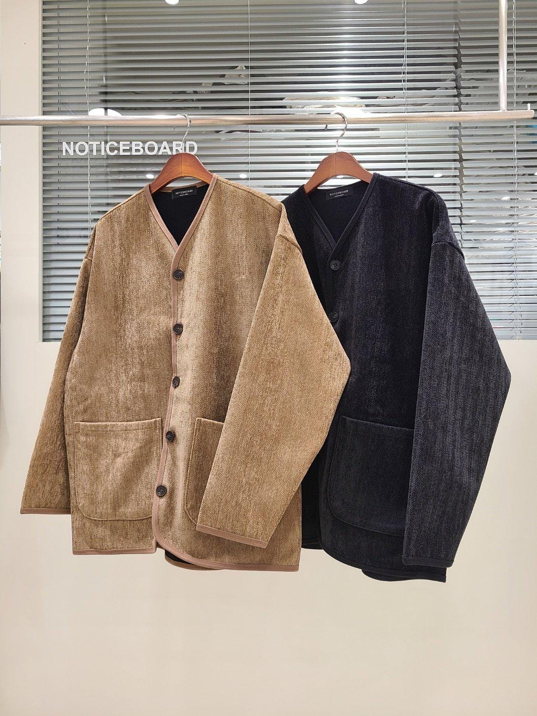 Herringbone Inner Jacket, Collarless Button Layering Outerwear, Boho Style Beige Polyester