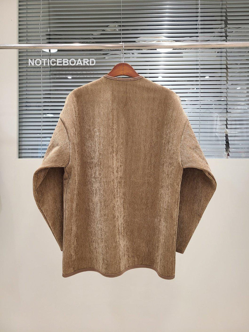 Herringbone Inner Jacket, Collarless Button Layering Outerwear, Boho Style Beige Polyester
