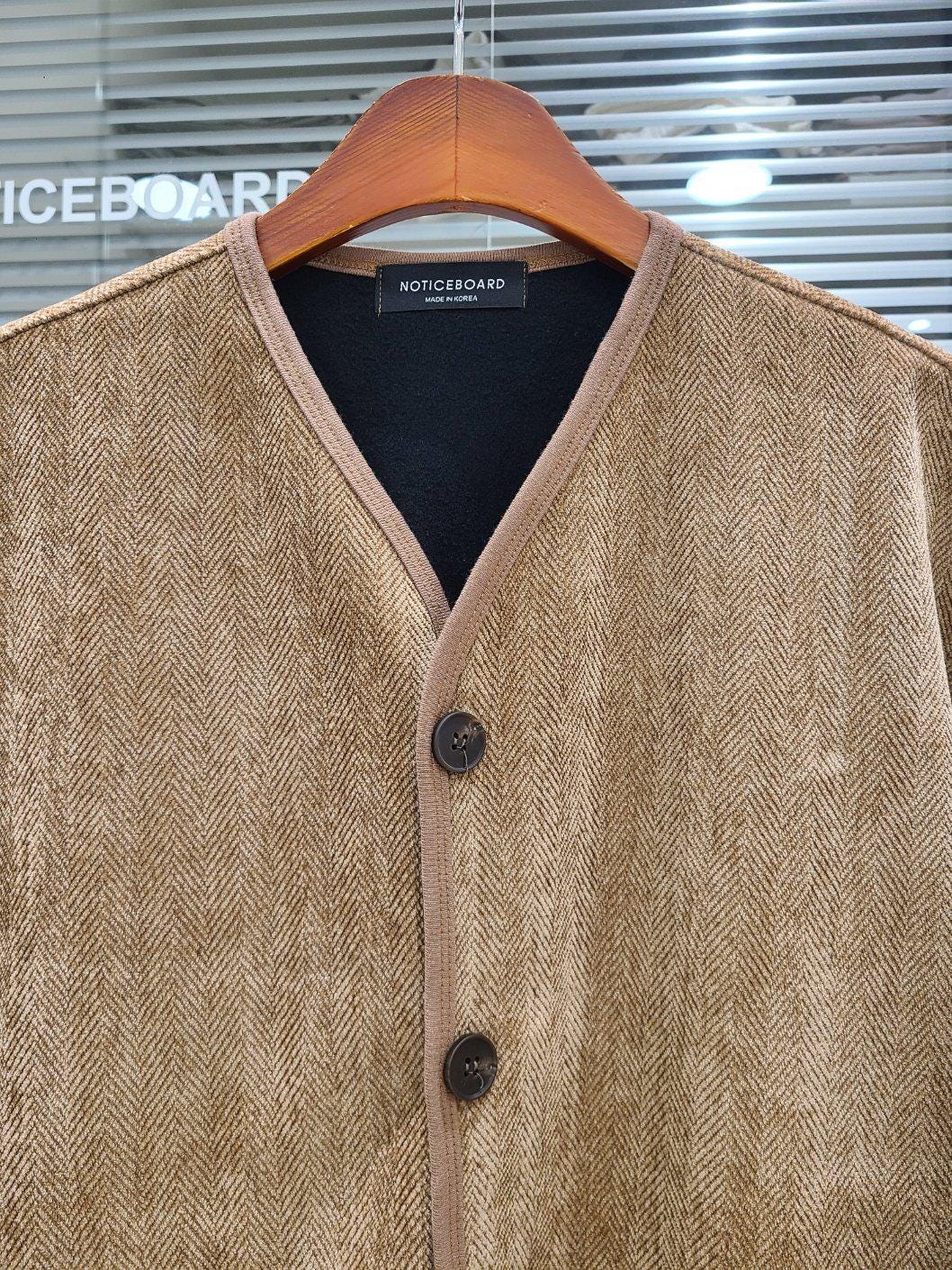 Herringbone Inner Jacket, Collarless Button Layering Outerwear, Boho Style Beige Polyester