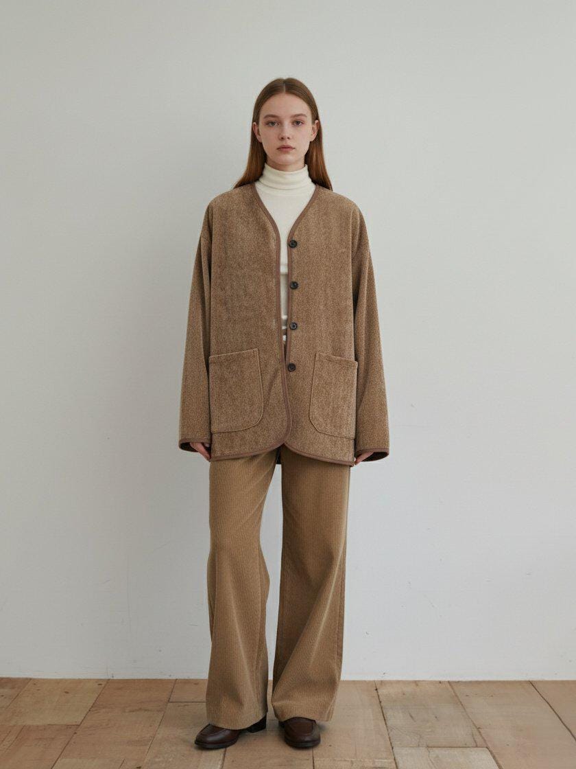Herringbone Inner Jacket, Collarless Button Layering Outerwear, Boho Style Beige Polyester
