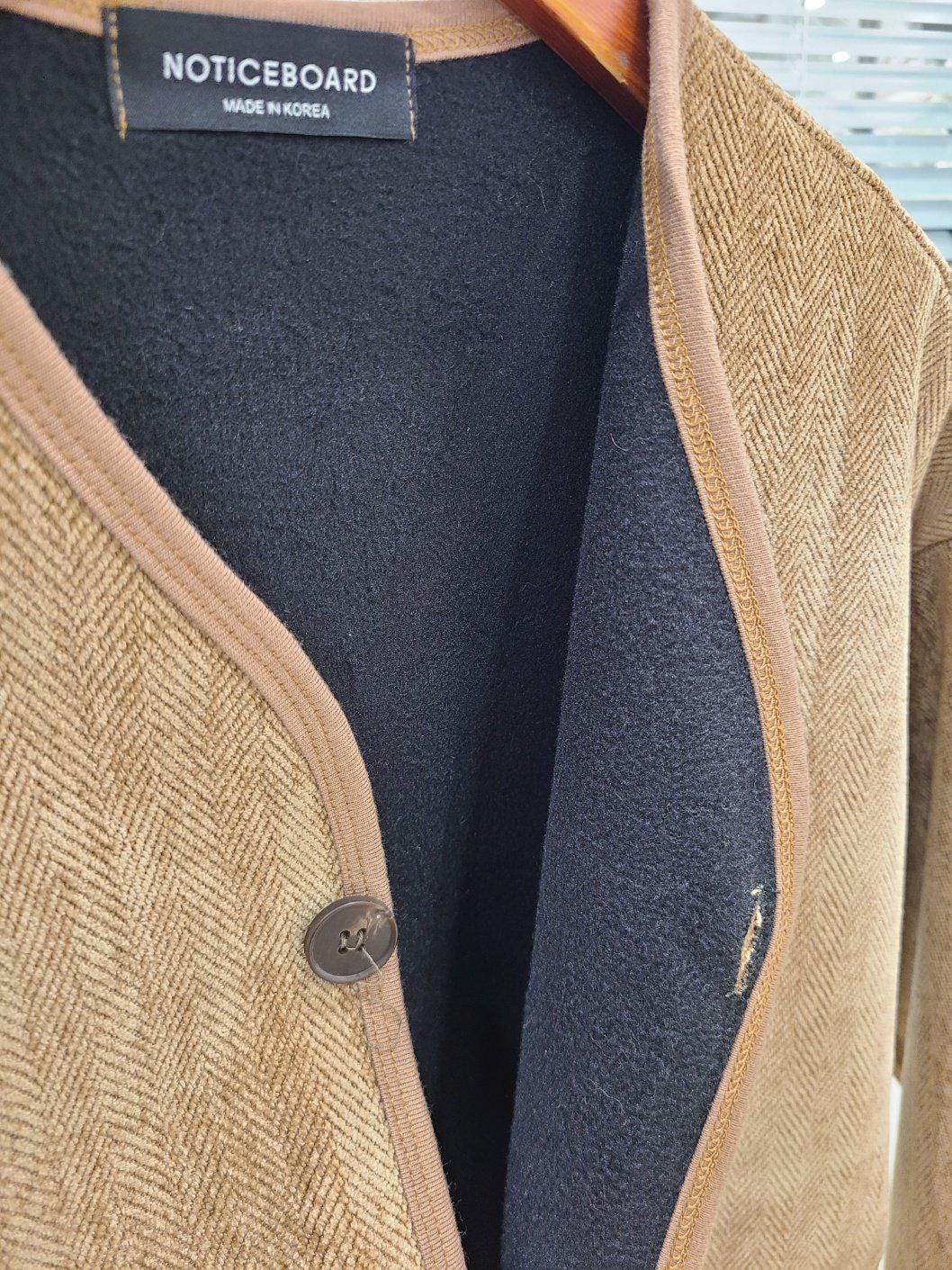 Herringbone Inner Jacket, Collarless Button Layering Outerwear, Boho Style Beige Polyester
