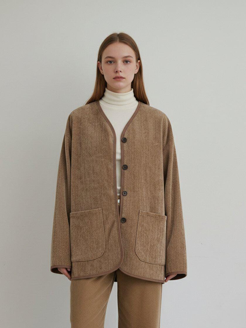 Herringbone Inner Jacket, Collarless Button Layering Outerwear, Boho Style Beige Polyester