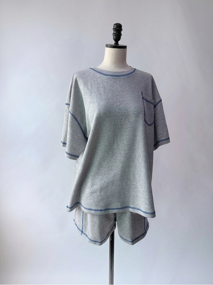 Cozy Two-Piece Lounge Set – Oversized Pocket Tee & Shorts Matching Set