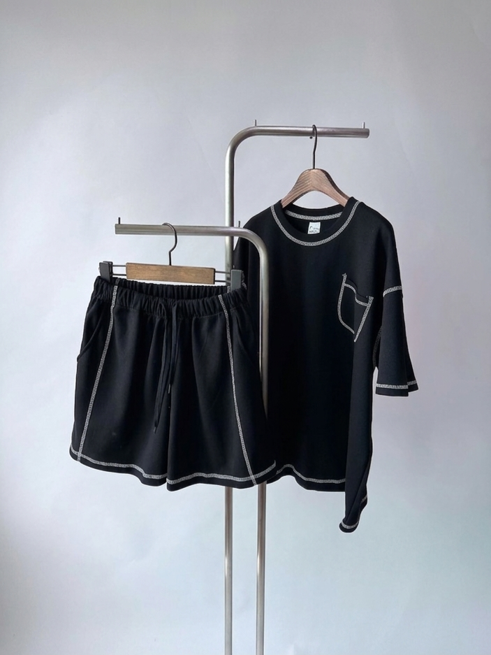 Cozy Two-Piece Lounge Set – Oversized Pocket Tee & Shorts Matching Set