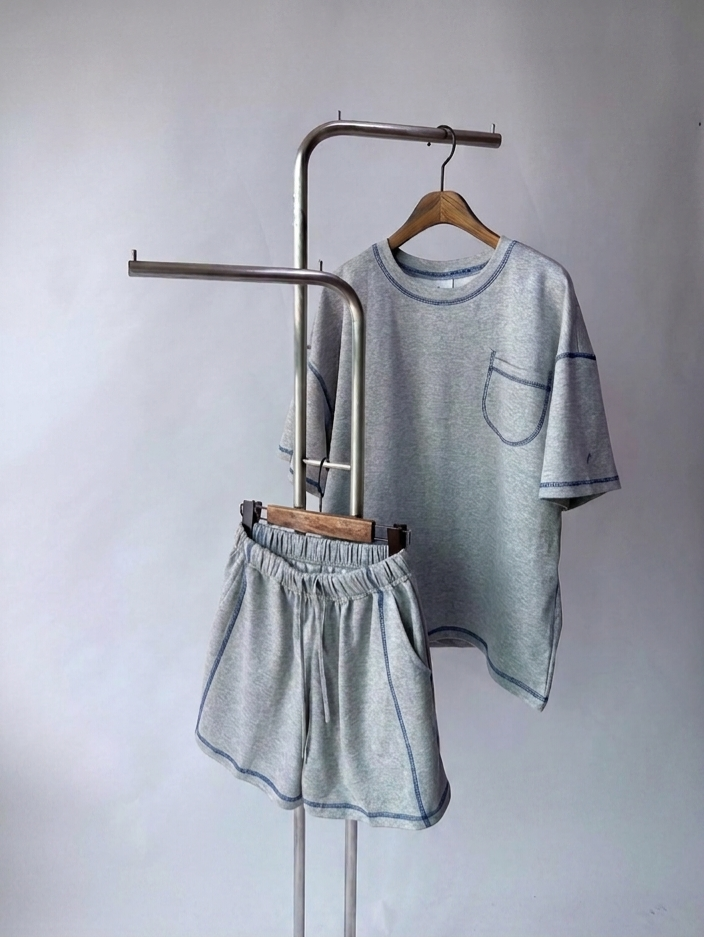 Cozy Two-Piece Lounge Set – Oversized Pocket Tee & Shorts Matching Set